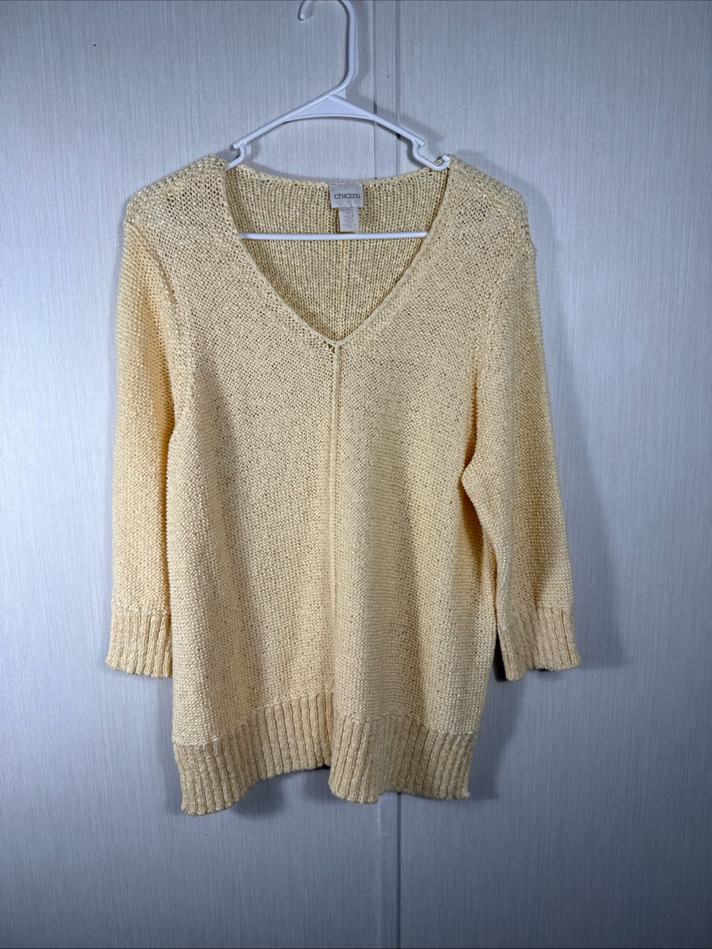 Chico's Womens V Neck Sweater L Butter Yellow Knit Coastal Grandma